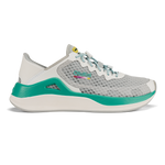 Cloud grey and bright white running shoe with green midsole and teal laces, shown from the side.