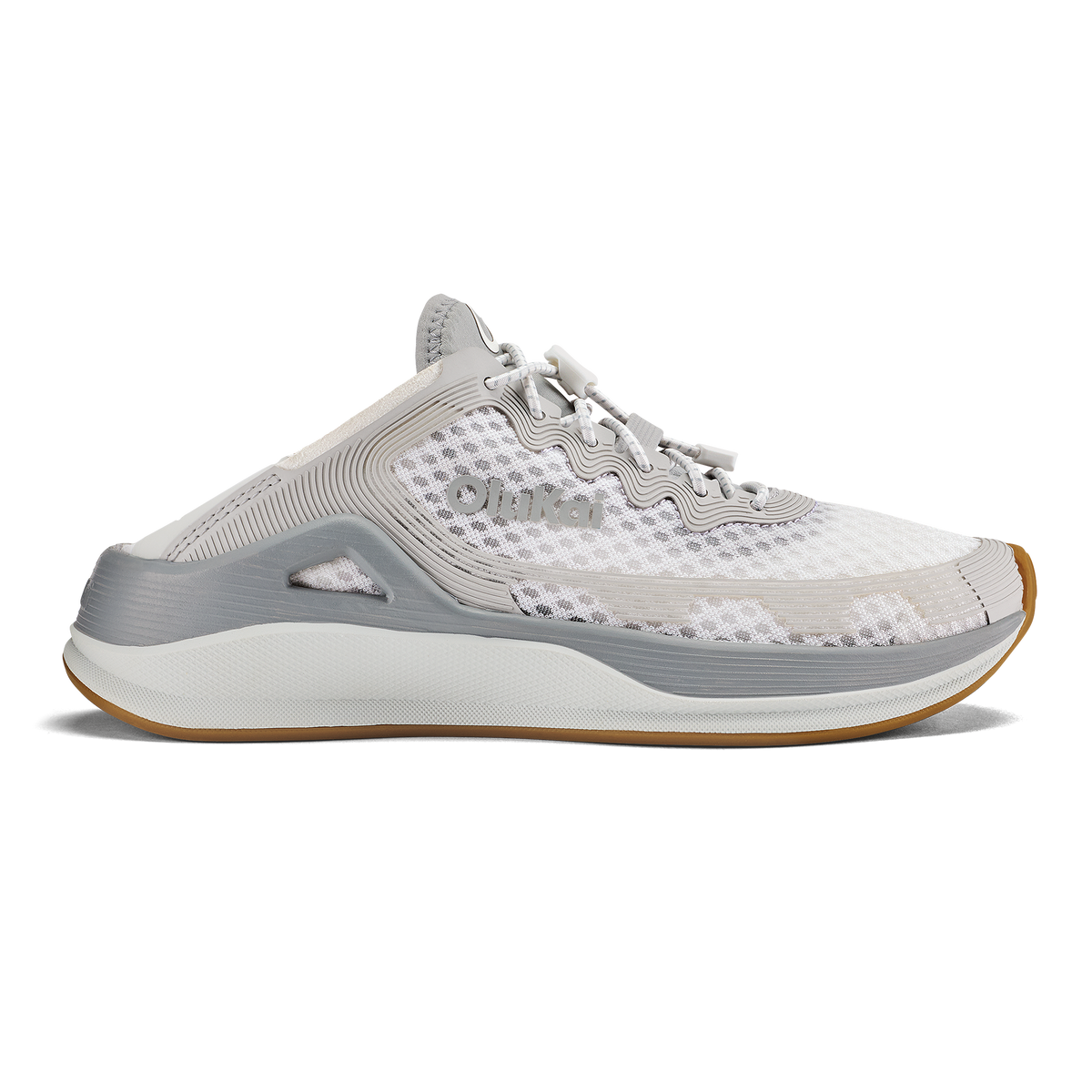 White and gray running shoe with mesh upper, white midsole, and gum rubber outsole, shown in profile view.