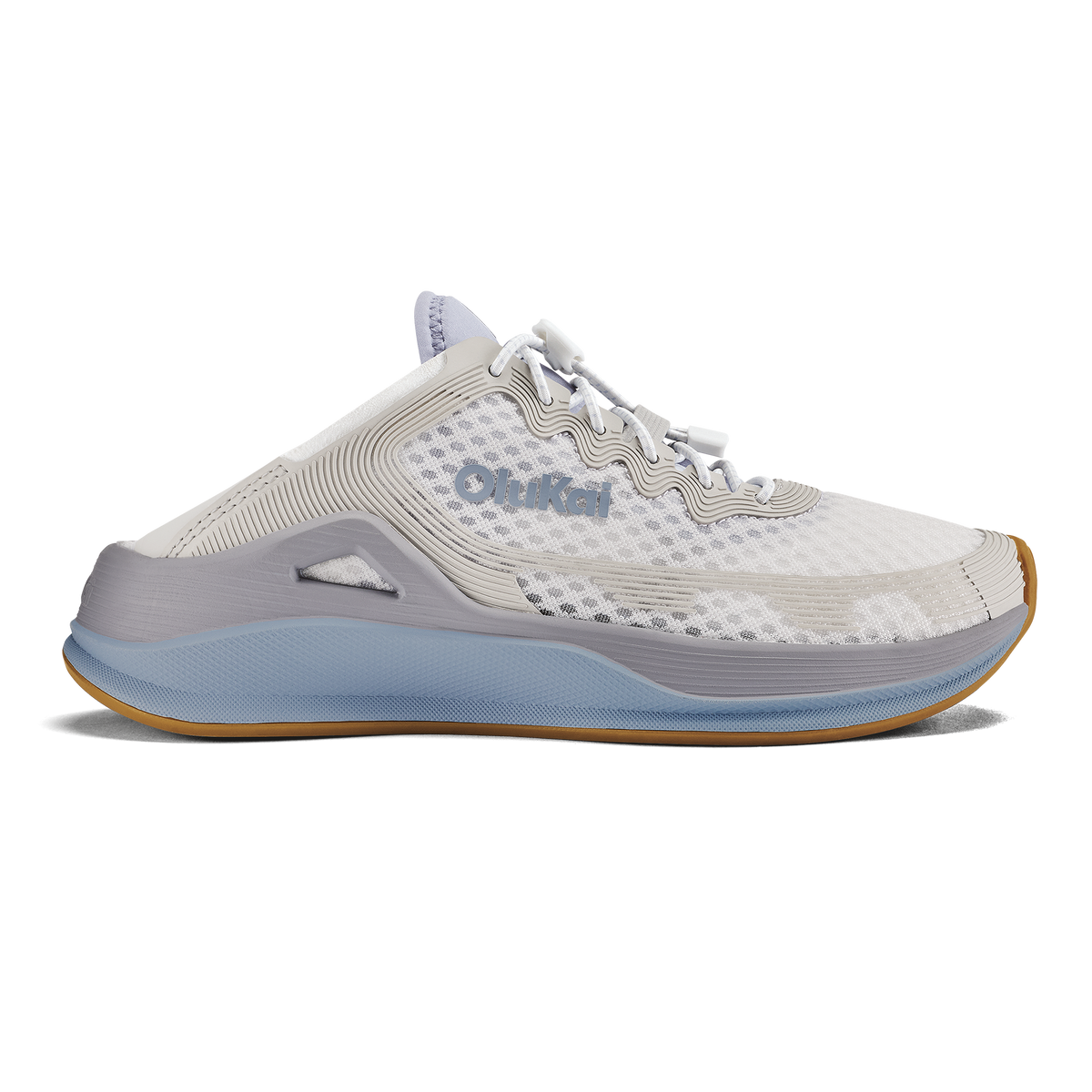 White and light blue athletic running shoe with mesh upper and cushioned sole, shown in side profile.