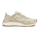Cream-colored running shoe with mesh and ribbed textile upper, white midsole, and tan rubber outsole.