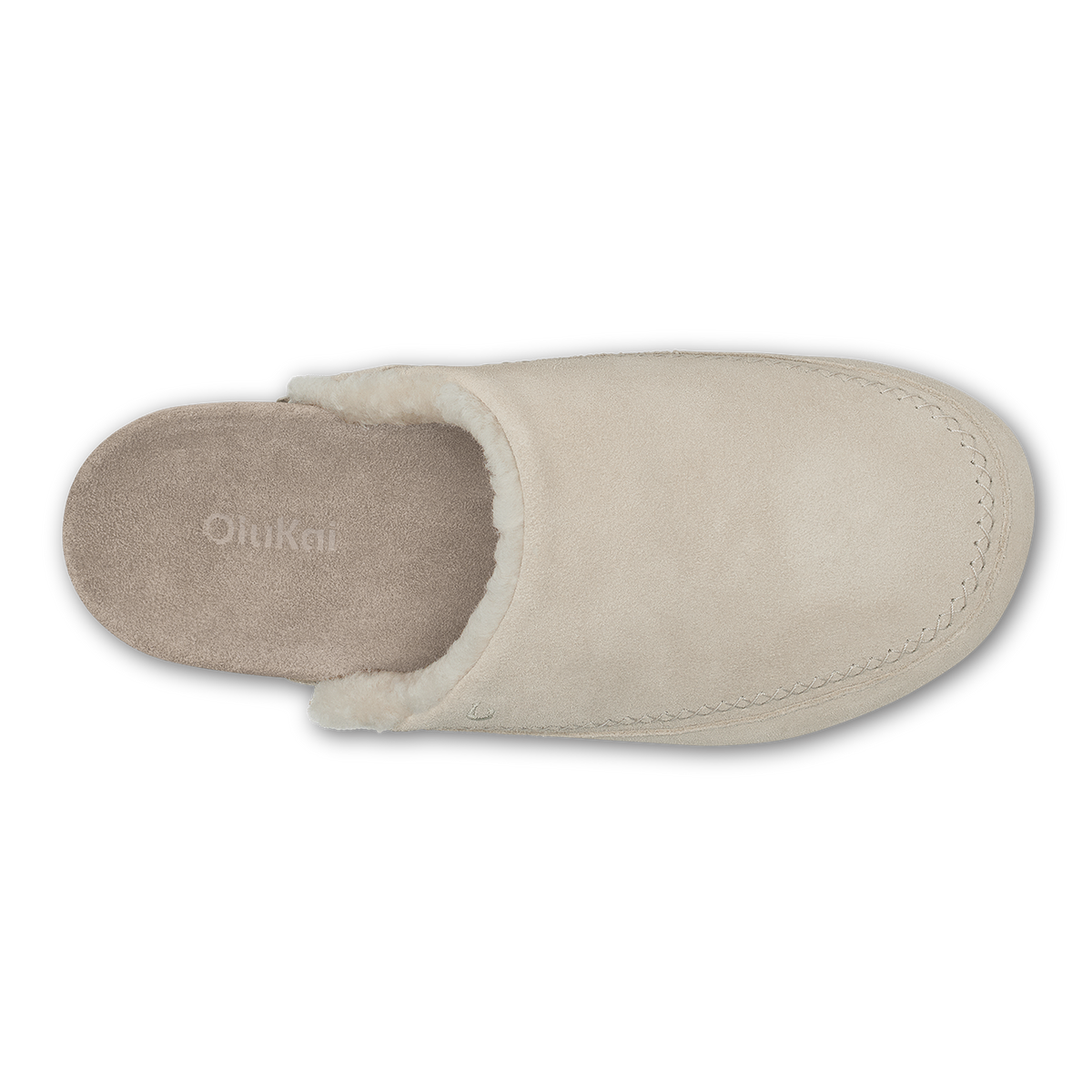 Ecru suede slipper with taupe grey fleece lining, shown from above.