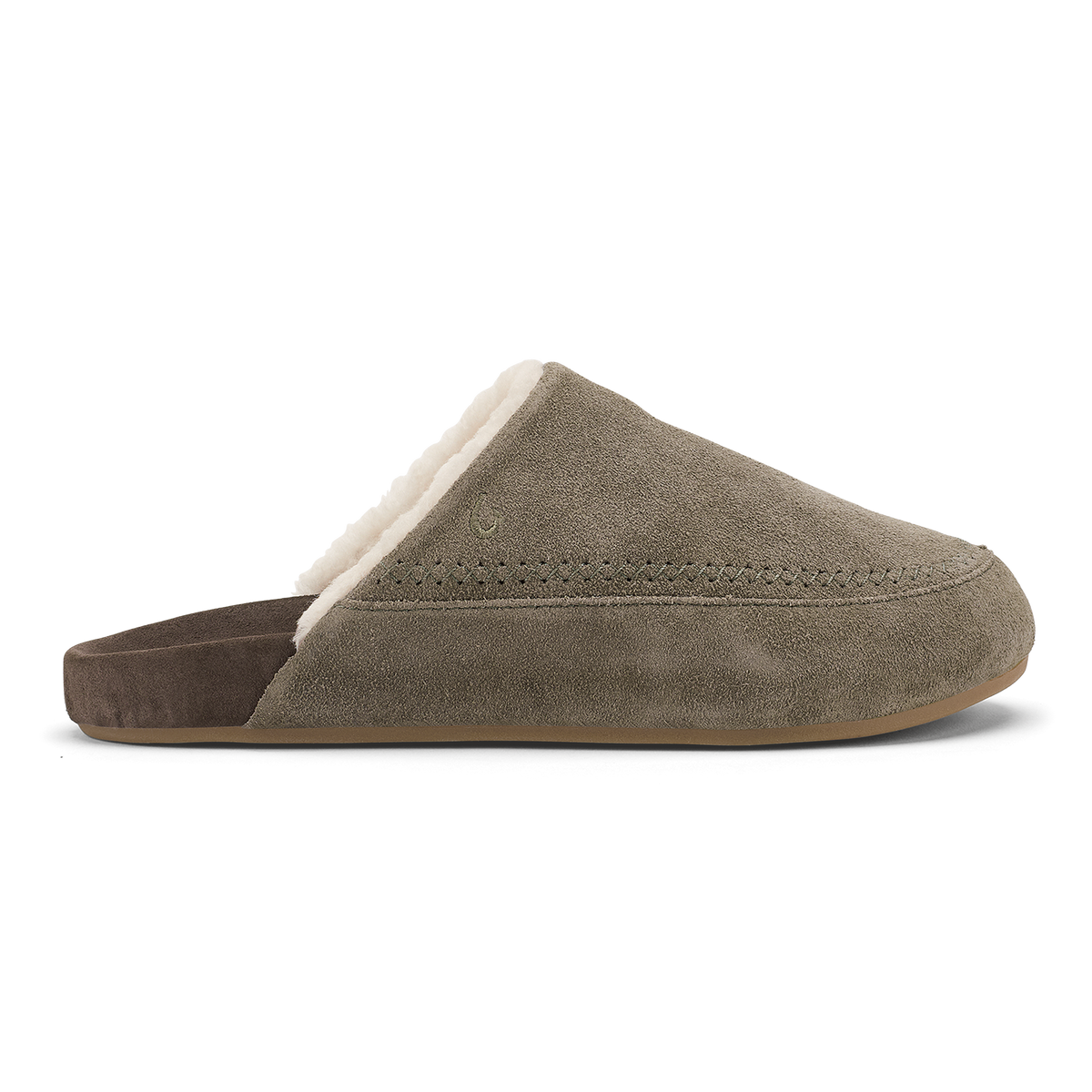 Tan and dark brown suede slipper with cream fleece lining and brown sole, shown from the side.