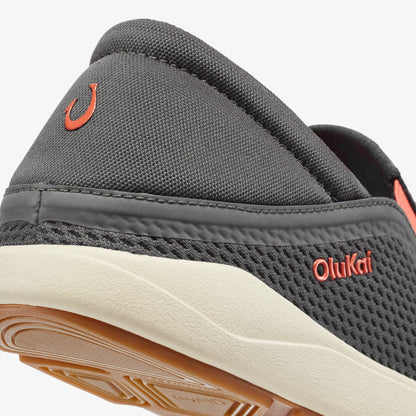 Gray mesh slip-on shoe with orange accents, cream sole, and Olukai branding on heel.