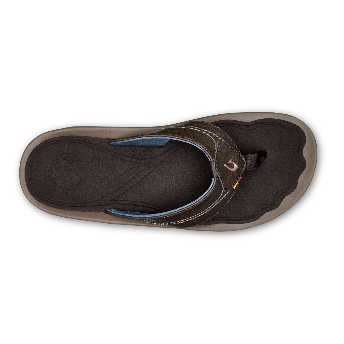 Dark flip-flop with gray sole, black upper strap with white stitching, and blue accent lining, shown from above.