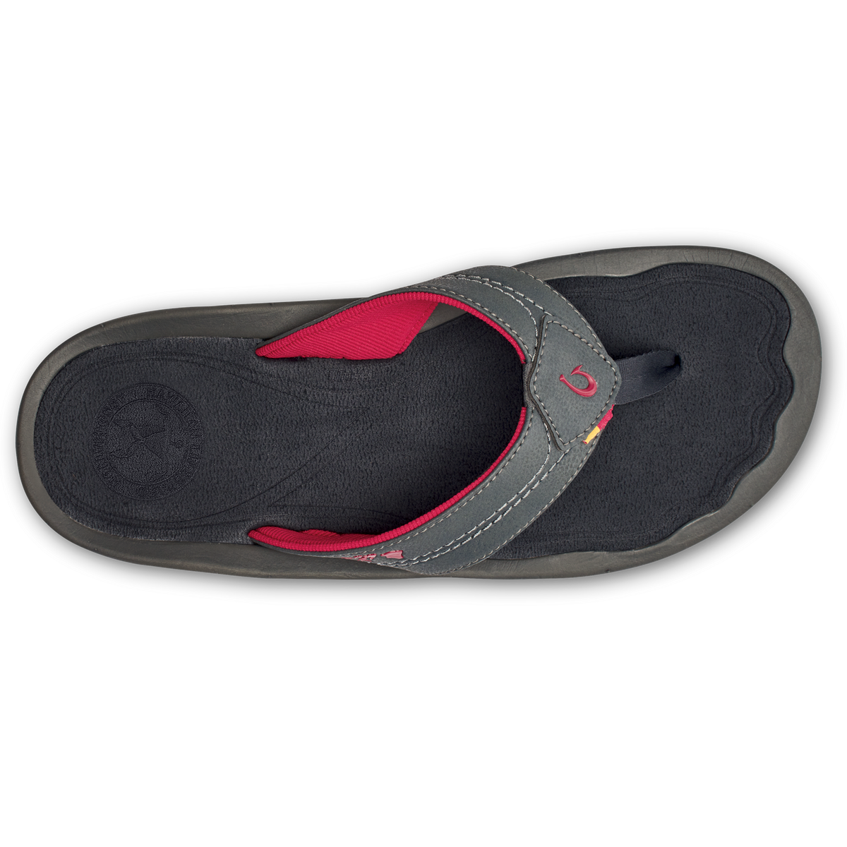 Dark slide sandal with black mesh upper, gray straps with white stitching, and red fabric accent on footbed.